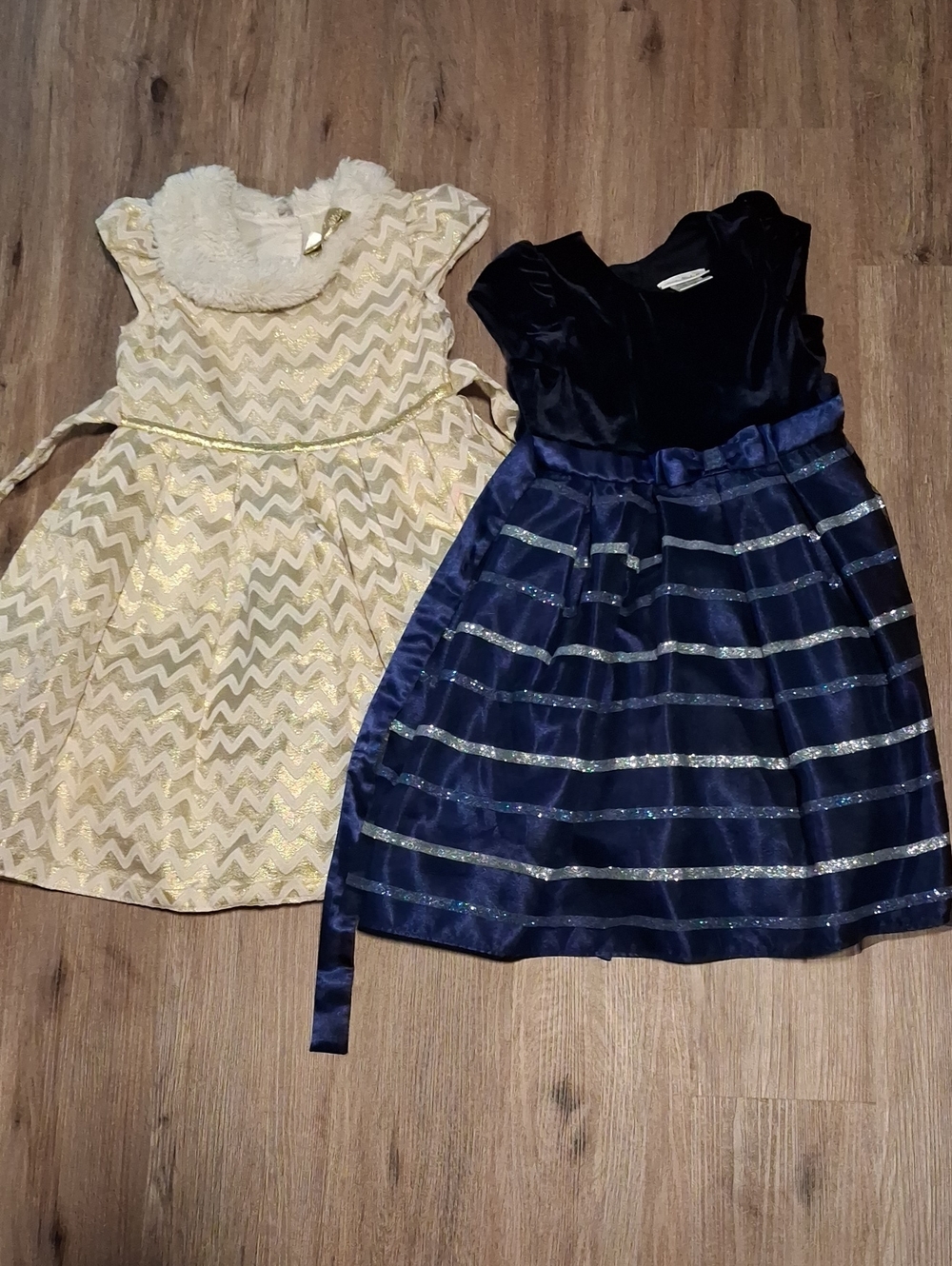 2 Size 6 Jona Michelle Gold Chevron & Navy Velvet Stripe Girls' Party Dresses